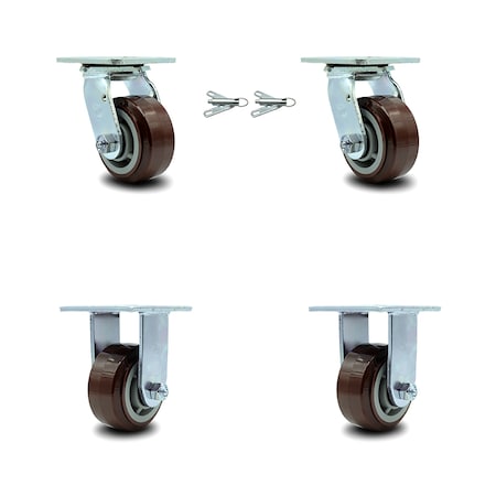Service Caster 4 Inch Polyurethane Caster Set with Ball Bearings 2 Swivel Lock 2 Rigid SCC SCC-30CS420-PPUB-BSL-2-R-2